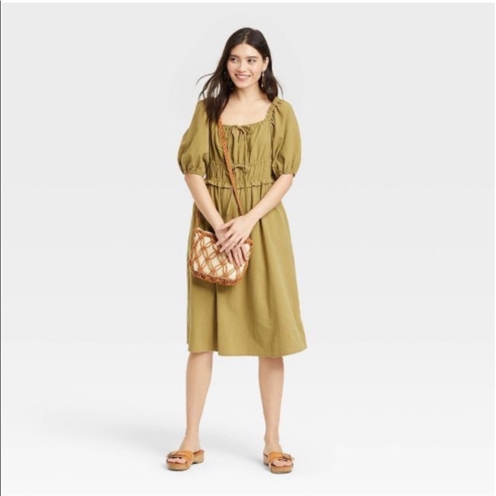 Universal Thread | Puff Sleeve Milkmaid Midi Dress Olive Green Size Small